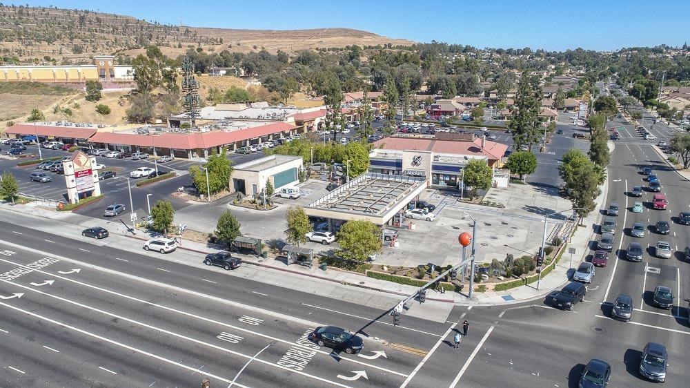 Aerial View of a Gas station in in Azusa California showcasing the property and the intersection highlighting the traffic and toe potential for business at the gas station